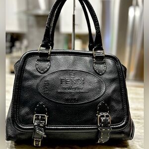 Fendi Authentic Black Selleria Leather Top Stitched Handbag
